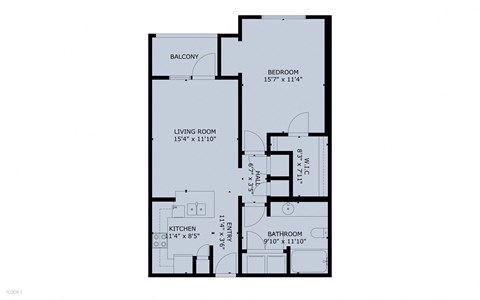Floor plan for 1 bed, 1 bath, 767 sqft